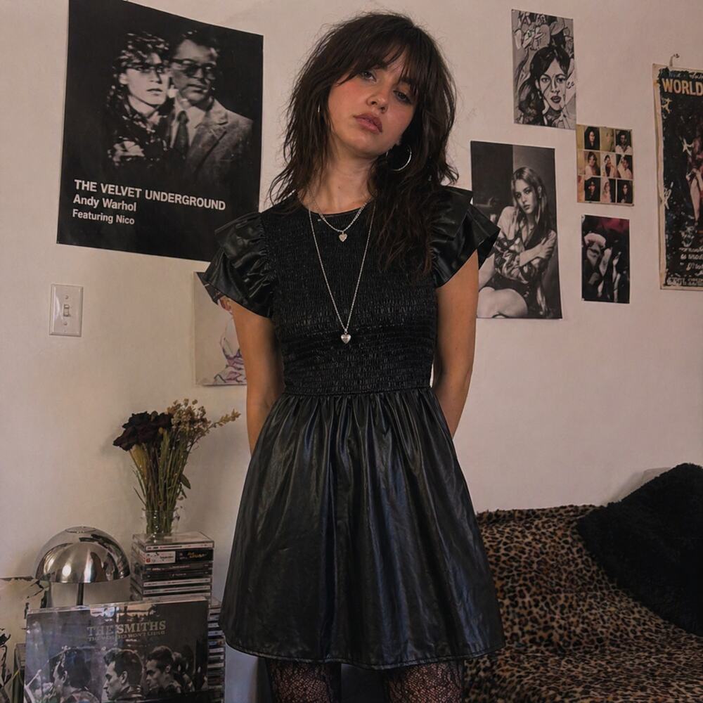 Zara Indie Sleaze Sz S Black Faux Leather Mini Fit & Flare Dress Fairy Grunge